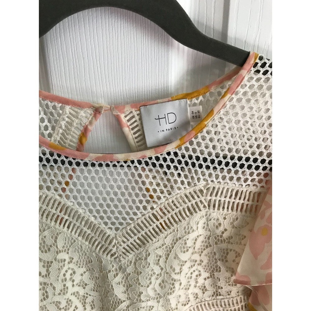 Anthro HD in Paris Flores Lace Blouse Size 0 Flutter Sleeve Floral Eyelet Top - Picture 7 of 8
